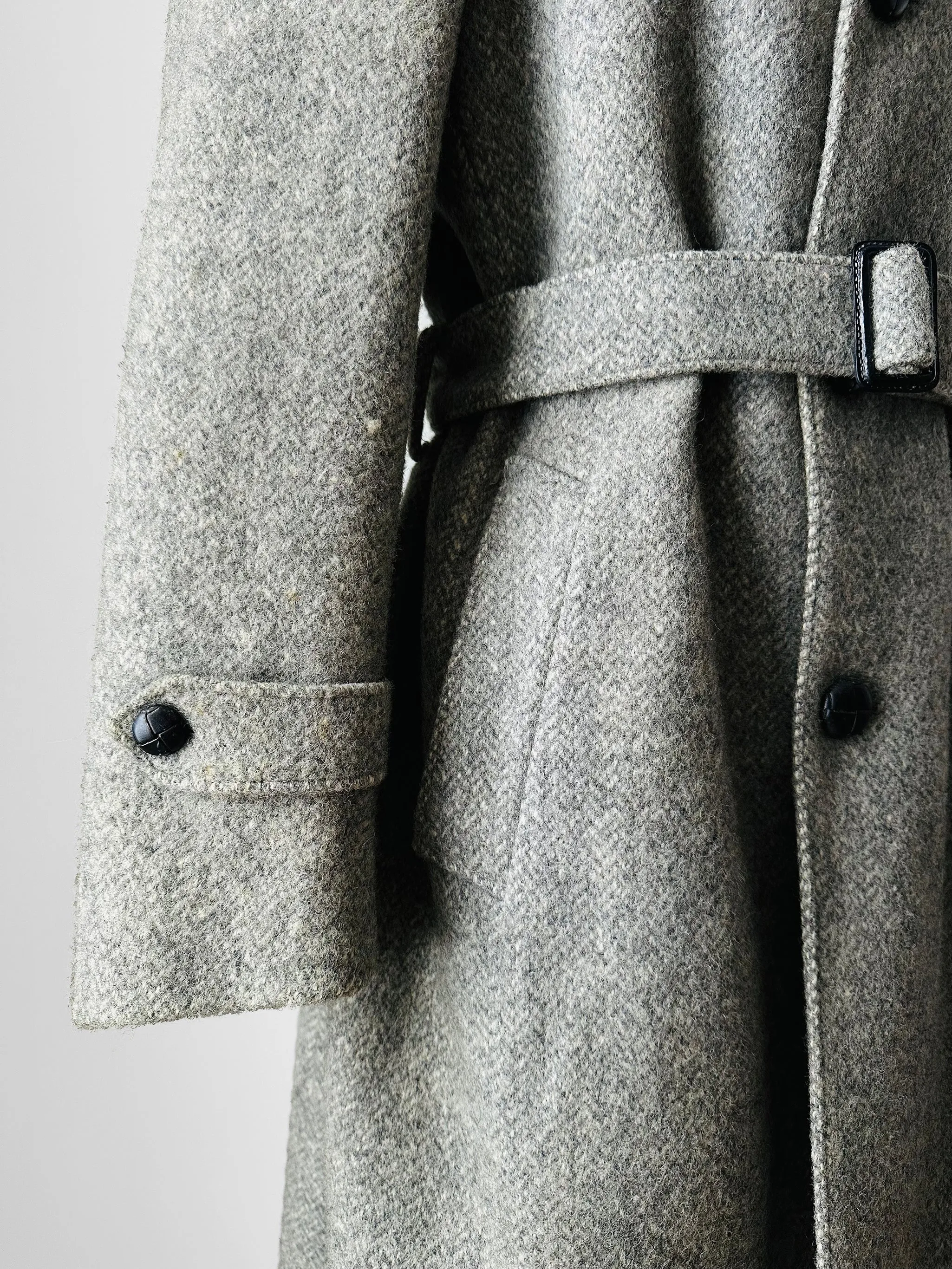 1970s Grey Wool Tweed Belted Overcoat - Sz. S/M