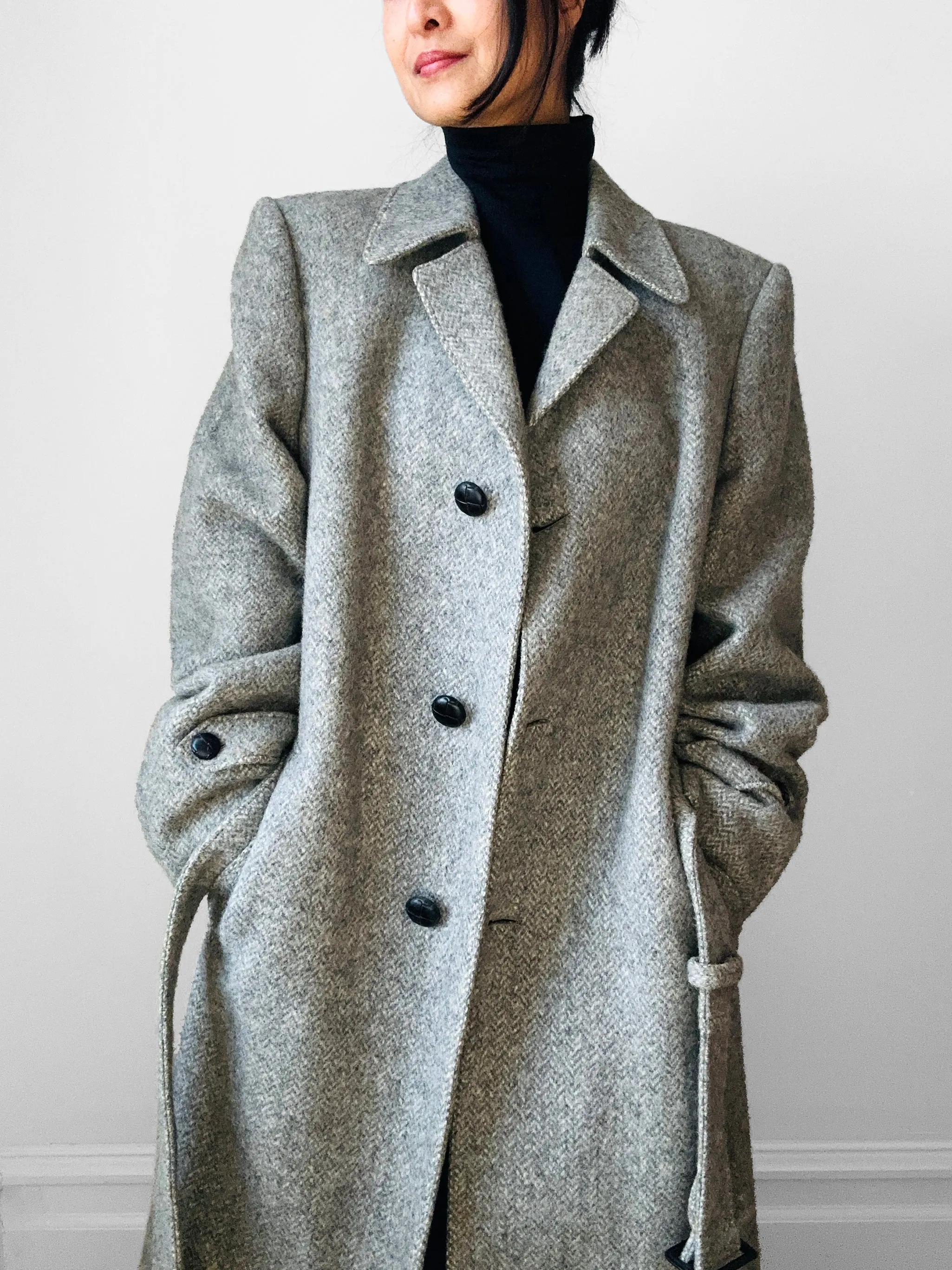 1970s Grey Wool Tweed Belted Overcoat - Sz. S/M