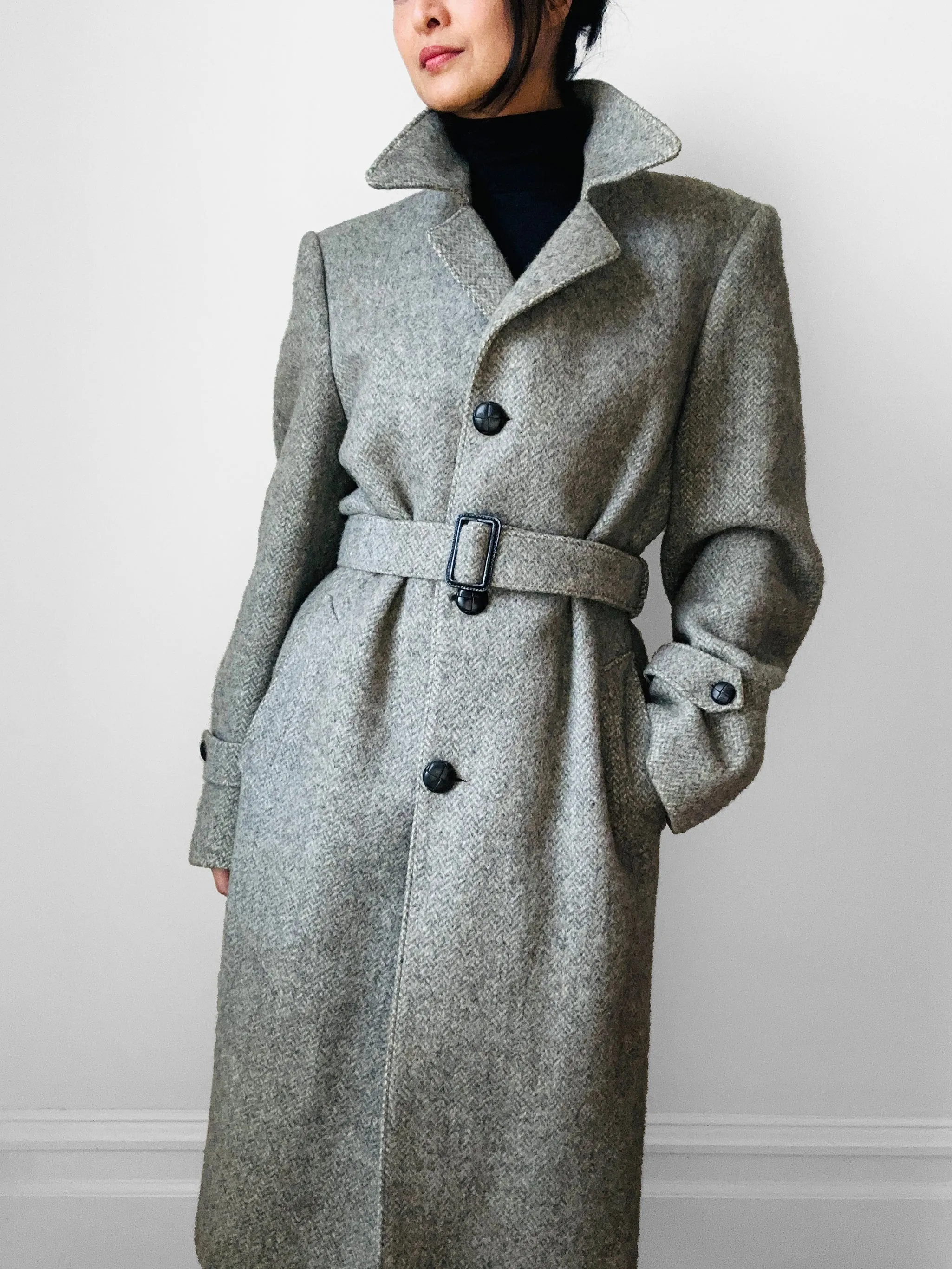 1970s Grey Wool Tweed Belted Overcoat - Sz. S/M