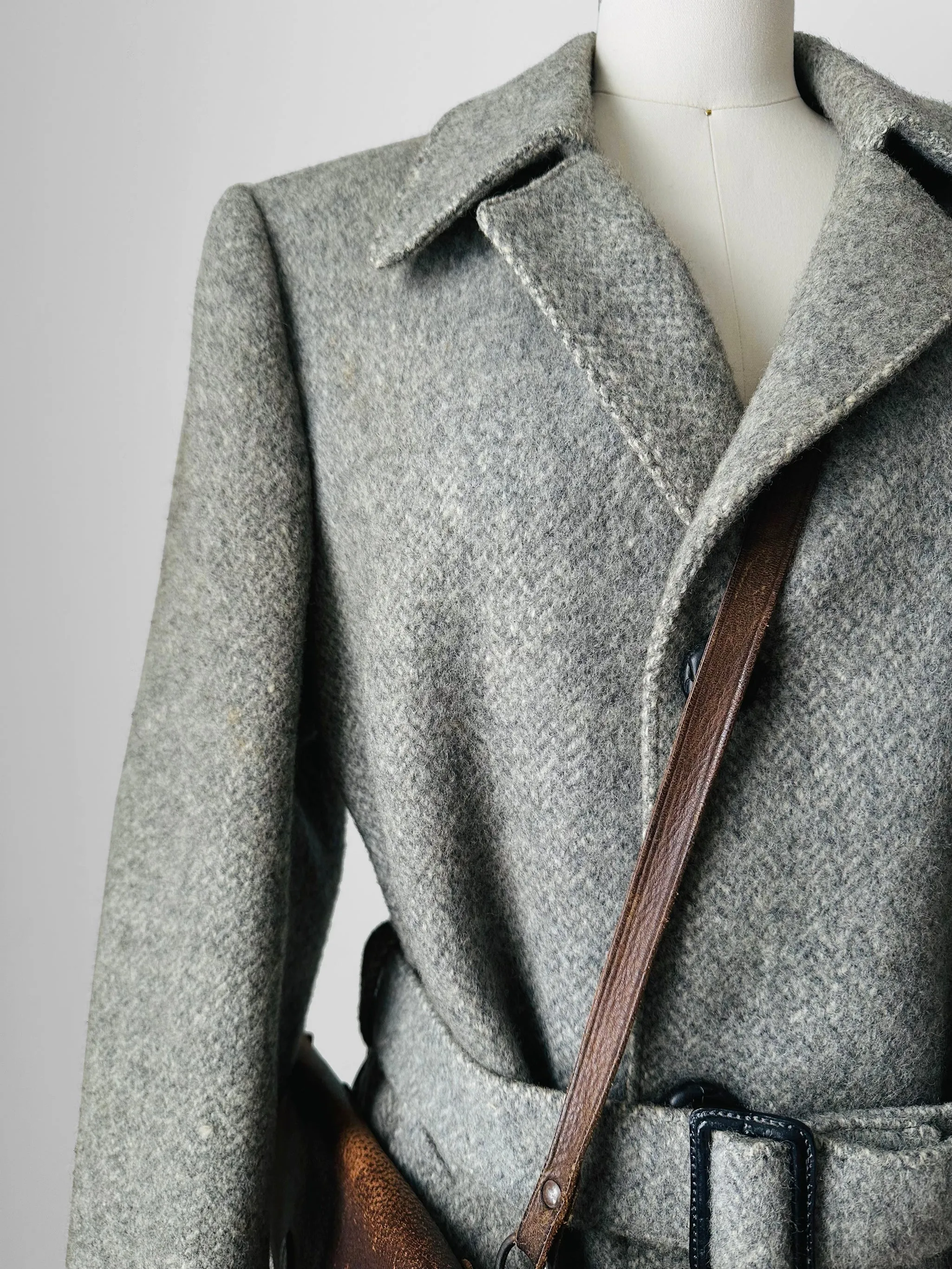 1970s Grey Wool Tweed Belted Overcoat - Sz. S/M