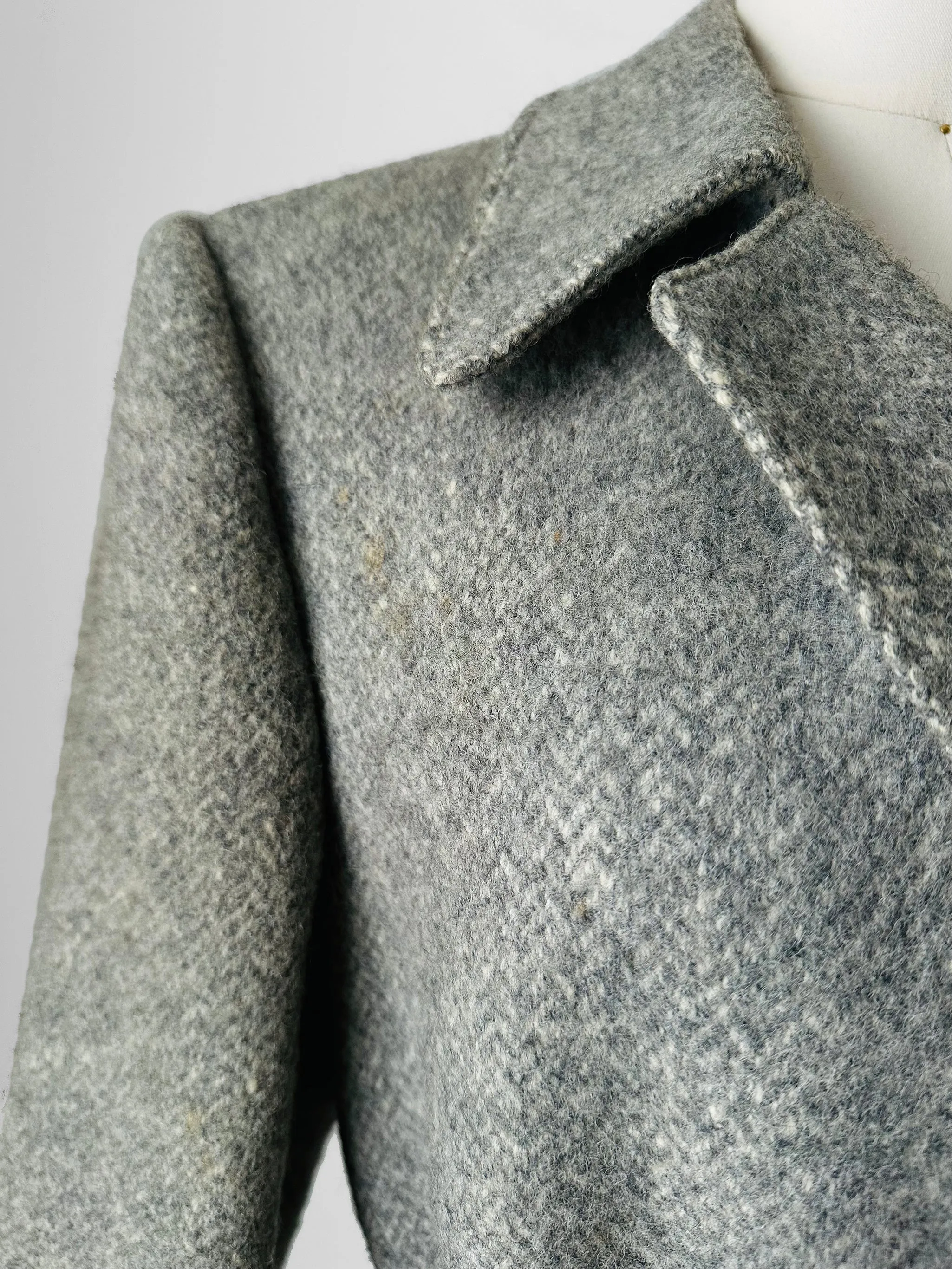 1970s Grey Wool Tweed Belted Overcoat - Sz. S/M