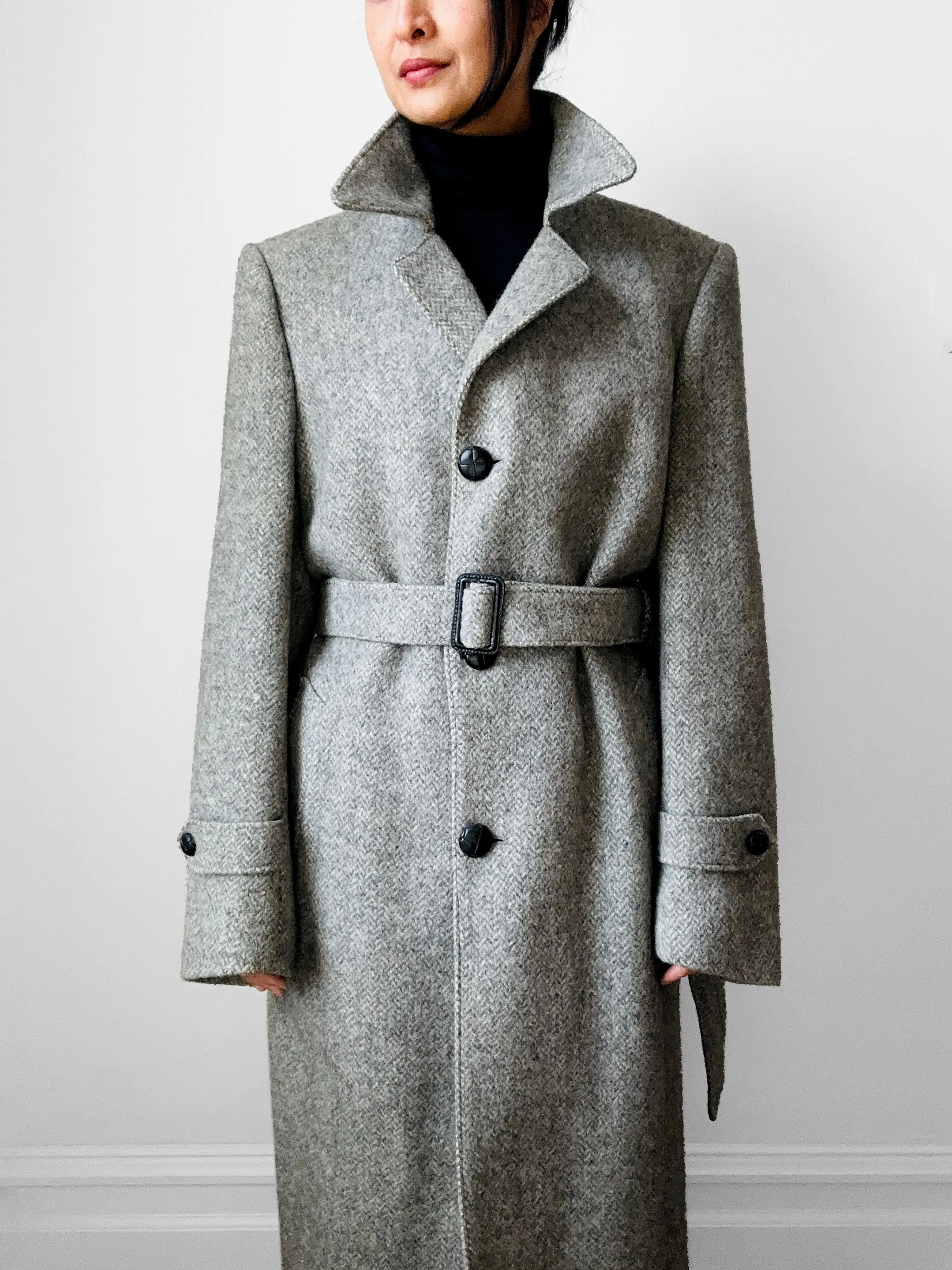 1970s Grey Wool Tweed Belted Overcoat - Sz. S/M