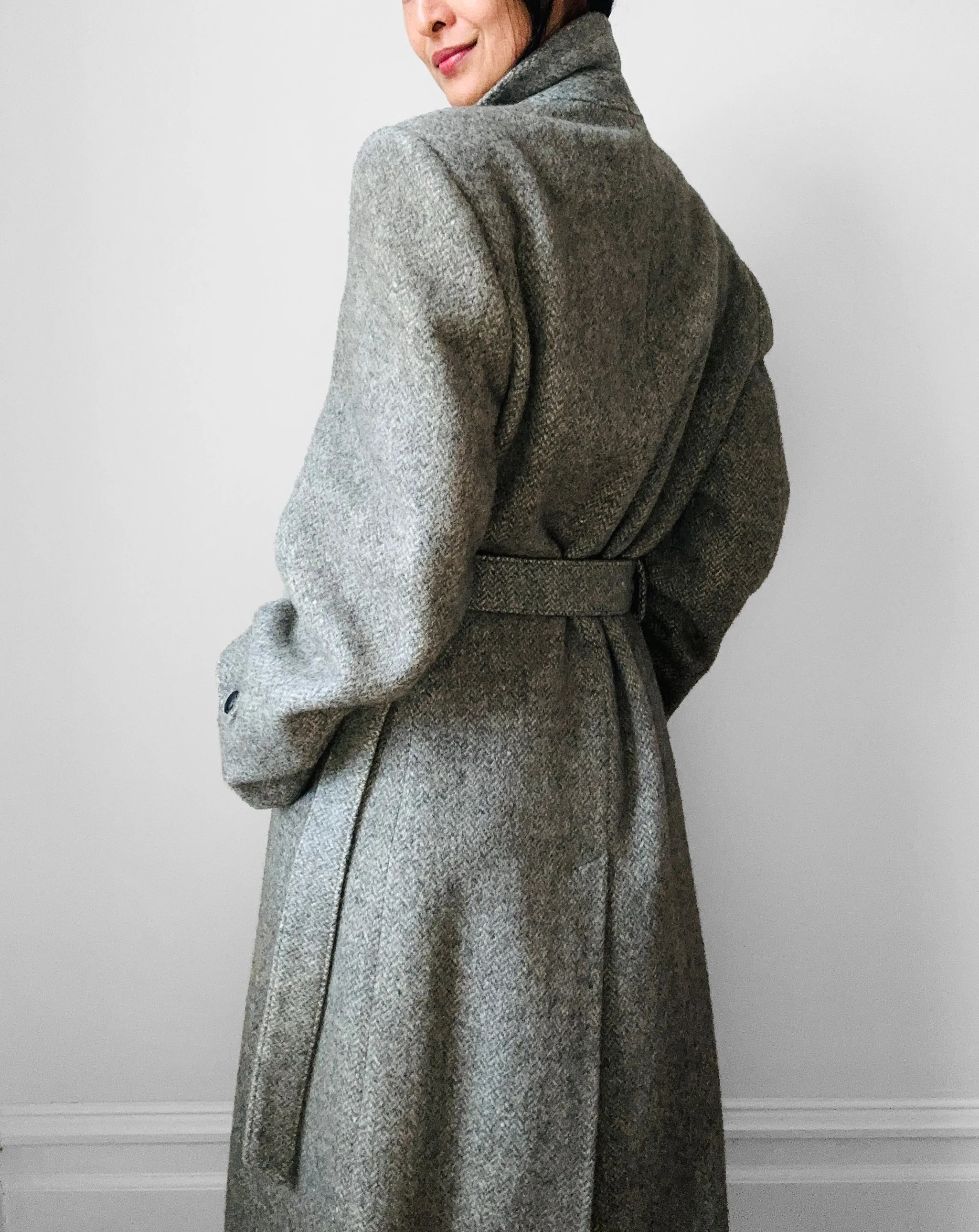 1970s Grey Wool Tweed Belted Overcoat - Sz. S/M