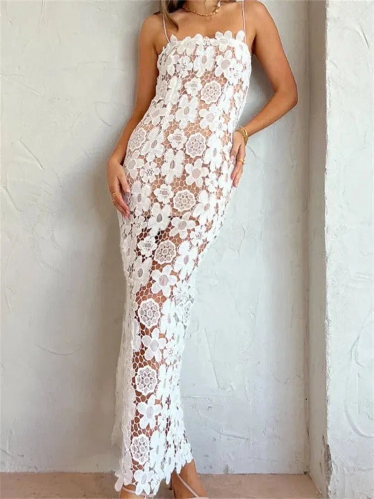 2024 Elegant Lace Flower Hollow Out Sleeveless Maxi Dress