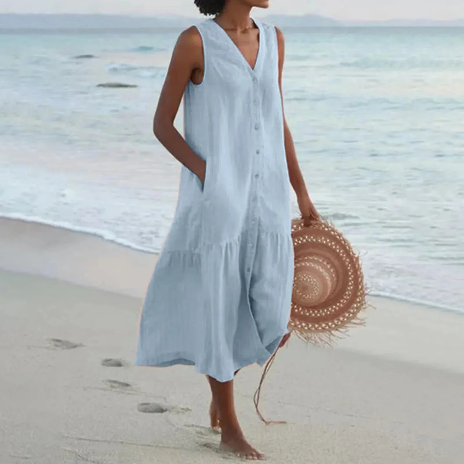 2024 Elegant Solid Shirt Summer Sleeveless V Neck Harajuku Maxi Dress