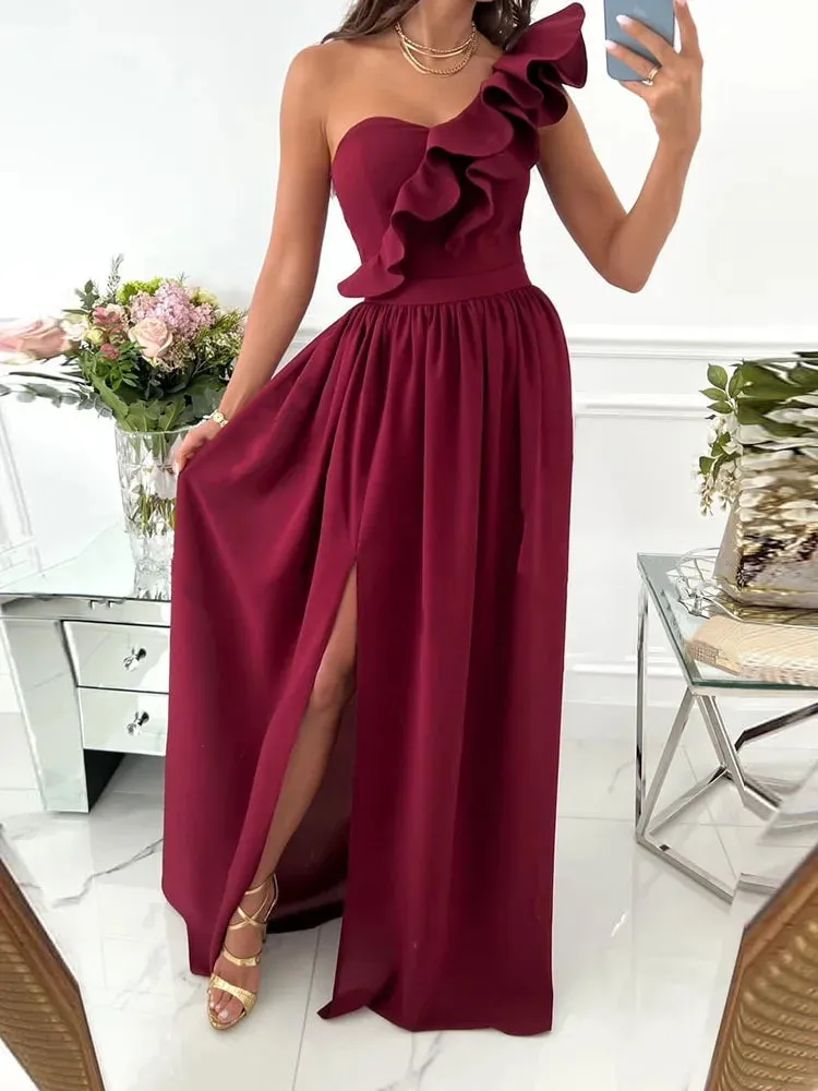 2024 Off Shoulder Diagonal Collar Ruffle Hem Evening Maxi Dress