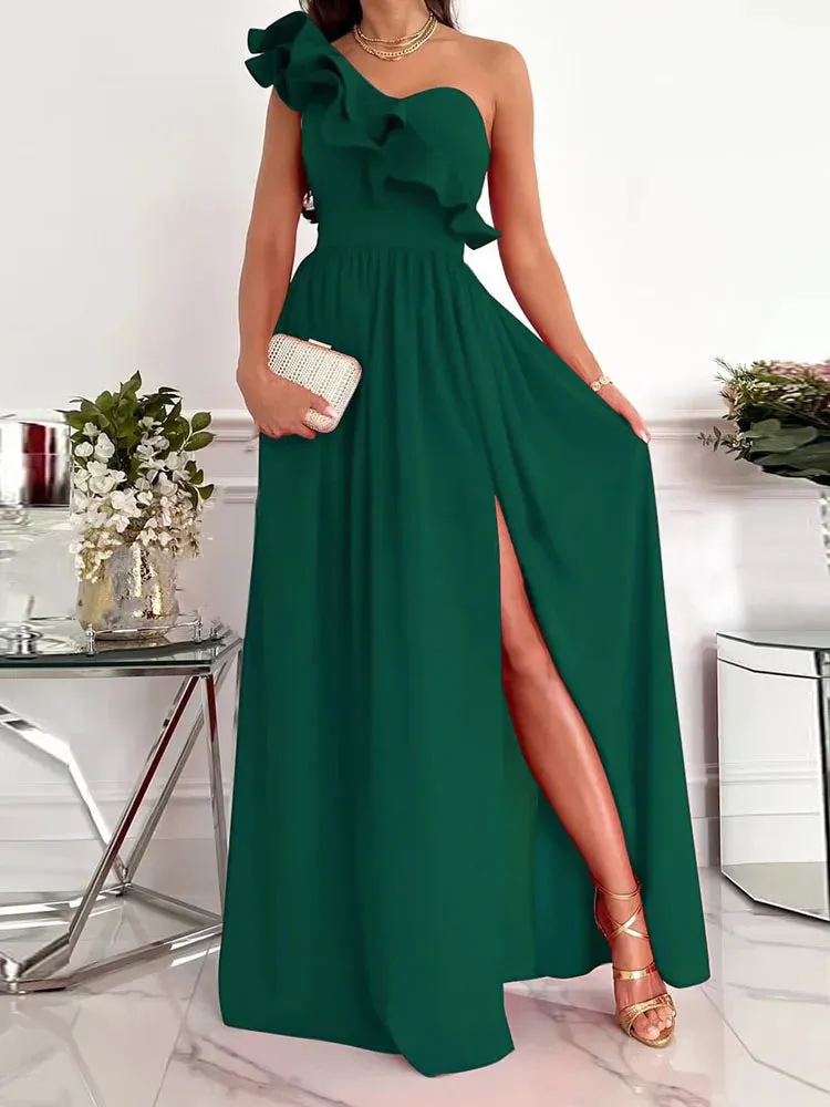 2024 Off Shoulder Diagonal Collar Ruffle Hem Evening Maxi Dress