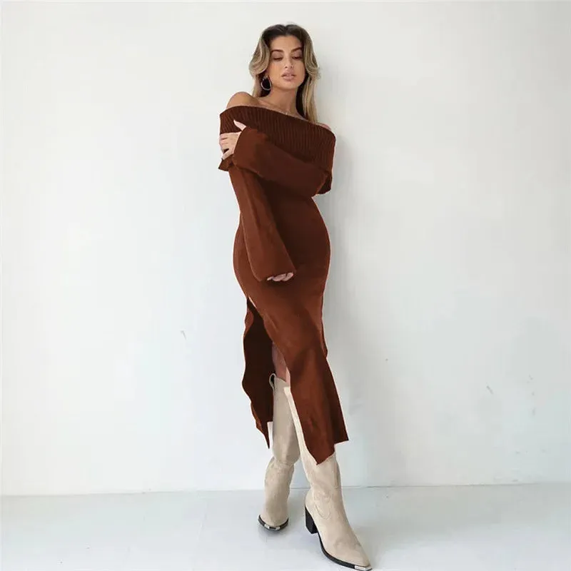 2024 Off-Shoulder Lapel Neck Sexy Long Sleeve Maxi Dress