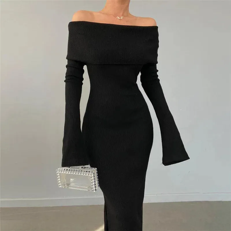 2024 Off-Shoulder Lapel Neck Sexy Long Sleeve Maxi Dress