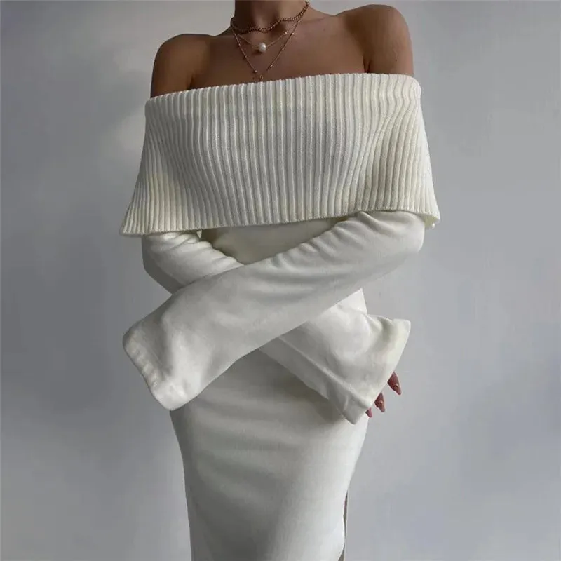 2024 Off-Shoulder Lapel Neck Sexy Long Sleeve Maxi Dress