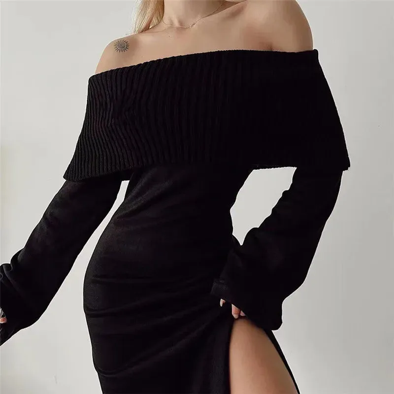 2024 Off-Shoulder Lapel Neck Sexy Long Sleeve Maxi Dress