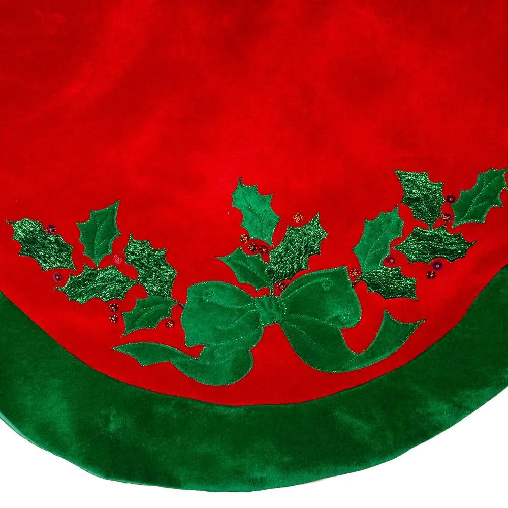 48" Red With Green Leaves Applique Velvet Tree Skirt