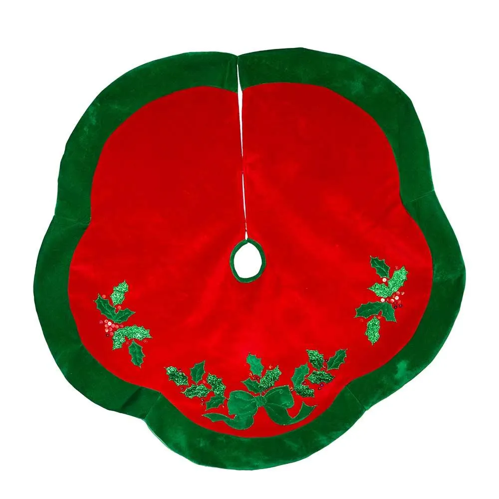 48" Red With Green Leaves Applique Velvet Tree Skirt