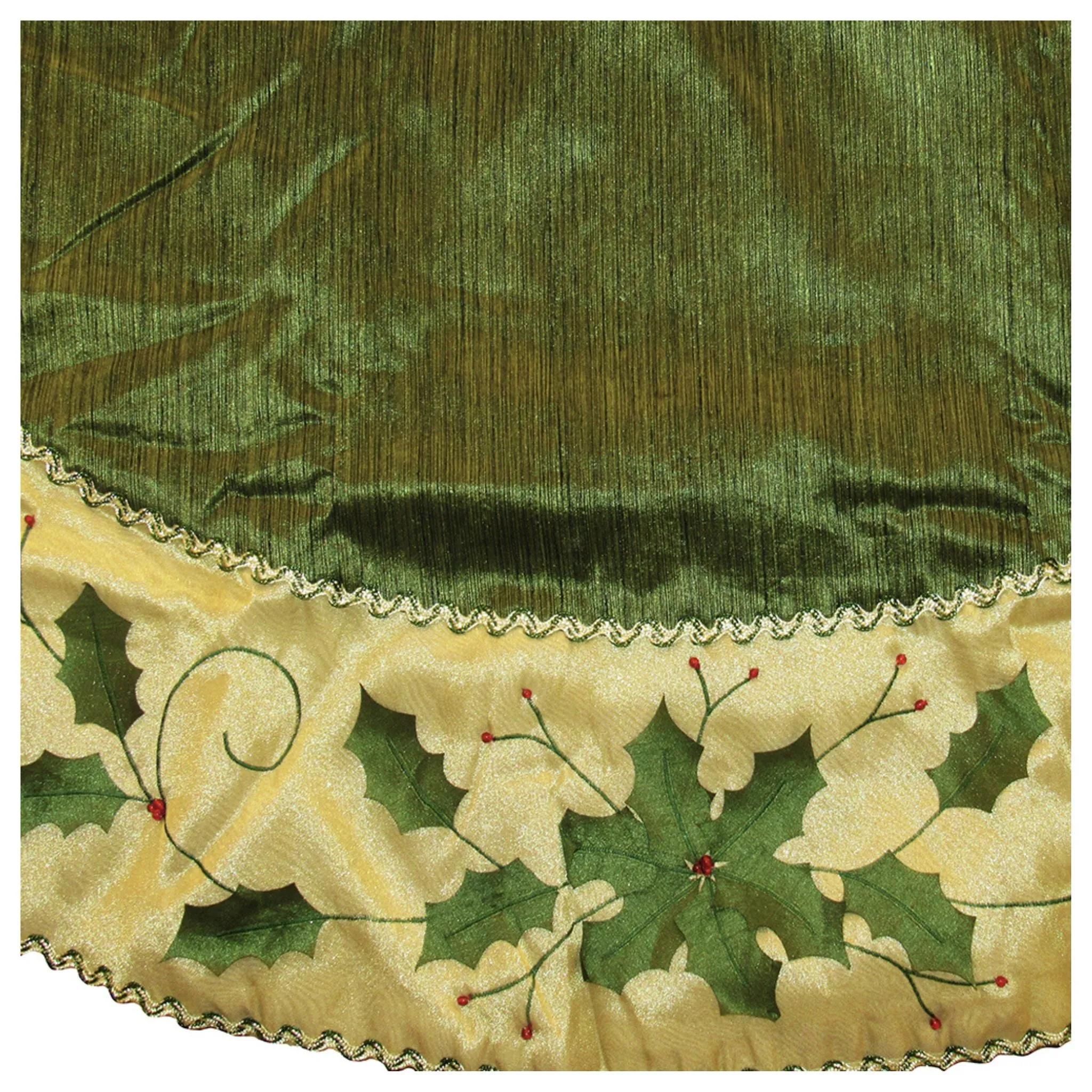 54" Green and Gold With Holly Leaves Embroidered Tree Skirt