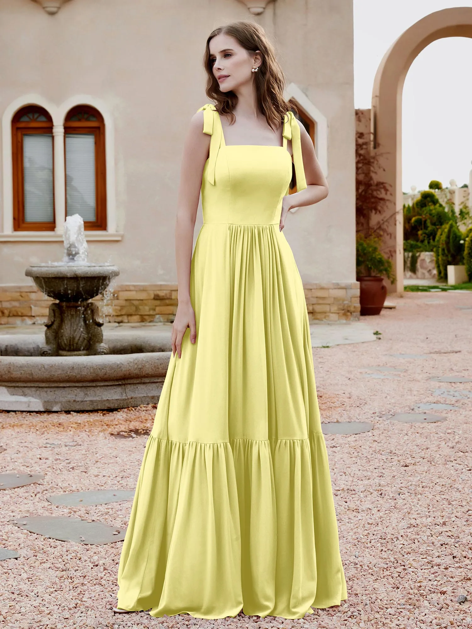 A-Line Bow Ruffle Sleeveless Chiffon Dress Daffodil