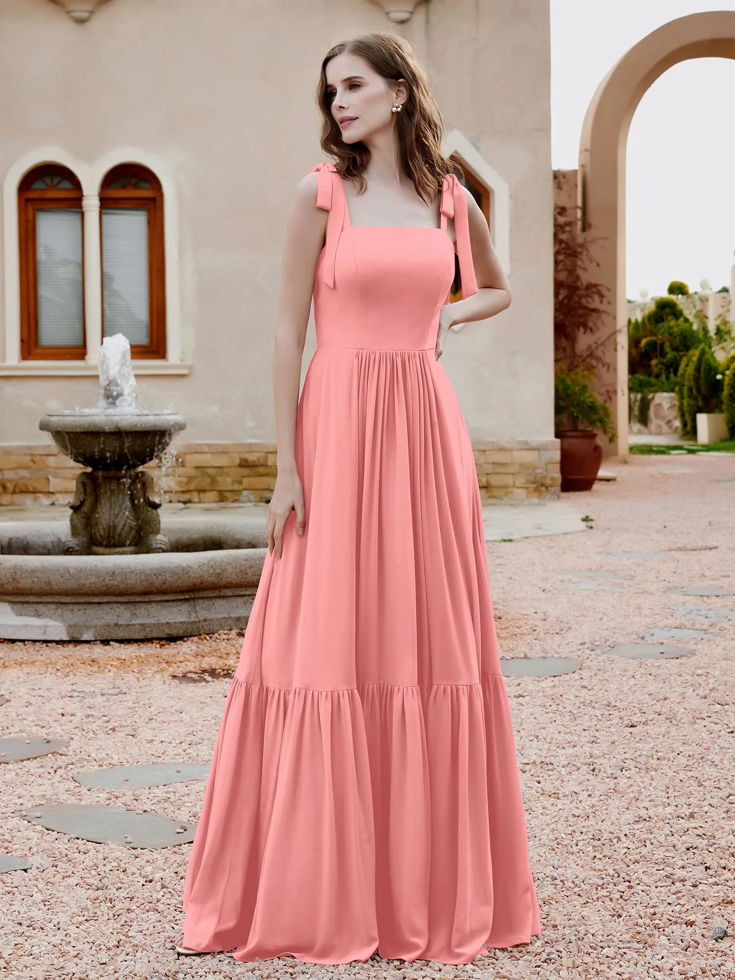 A-Line Bow Ruffle Sleeveless Chiffon Dress Flamingo Plus Size