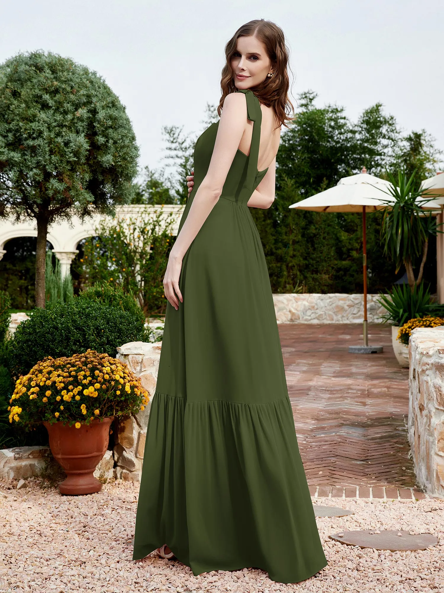 A-Line Bow Ruffle Sleeveless Chiffon Dress Olive Green Plus Size