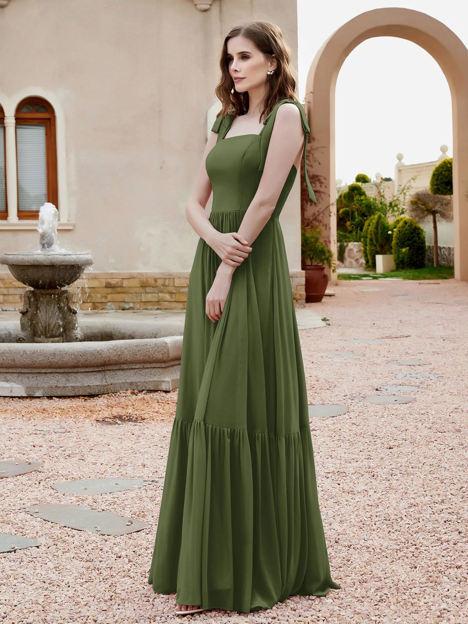 A-Line Bow Ruffle Sleeveless Chiffon Dress Olive Green Plus Size