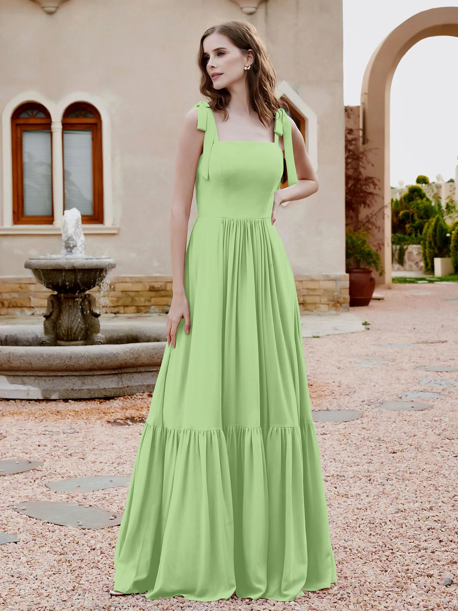 A-Line Bow Ruffle Sleeveless Chiffon Dress Sage