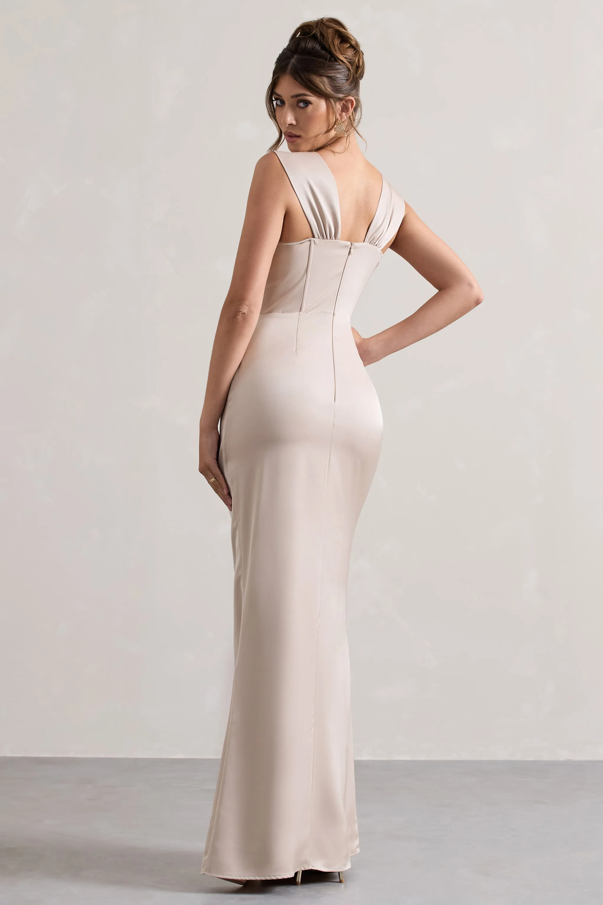 A Romantic | Champagne Satin Corset Wrap Maxi Dress