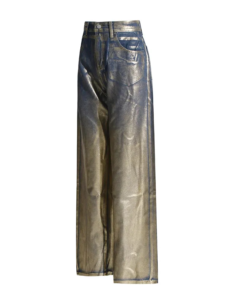 Adelin Metallic Coated Wide Leg Jeans