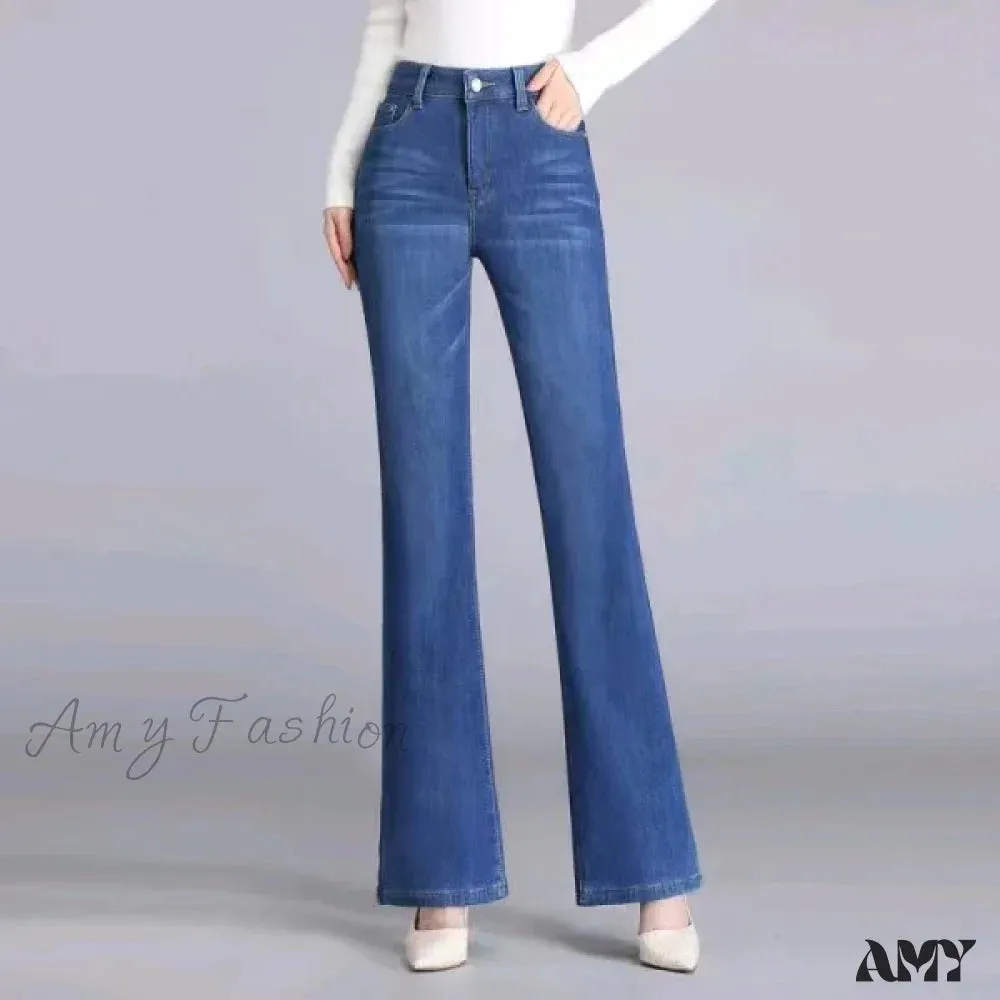 Amy Fashion - Elastic High Waist Woman Flare 2024 New Korean Fashion Clothing Pockets Slim Denim Solid Casual Flare Jean