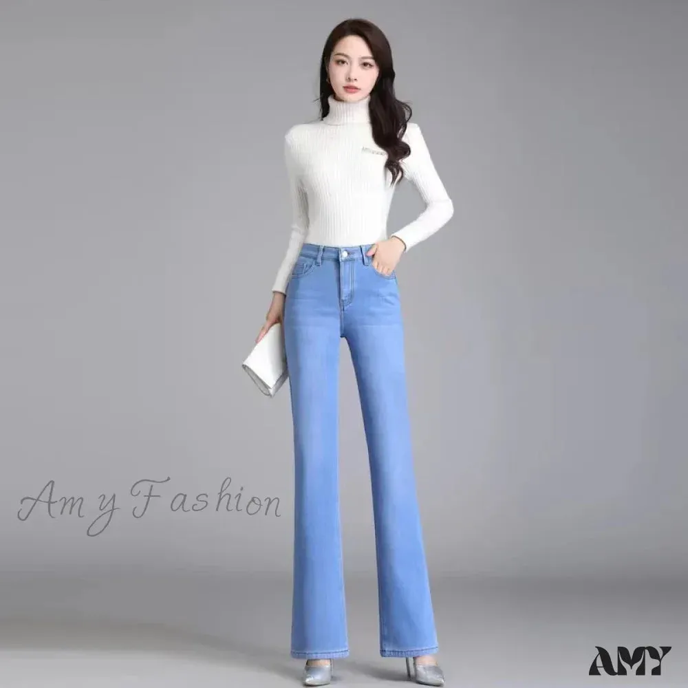 Amy Fashion - Elastic High Waist Woman Flare 2024 New Korean Fashion Clothing Pockets Slim Denim Solid Casual Flare Jean