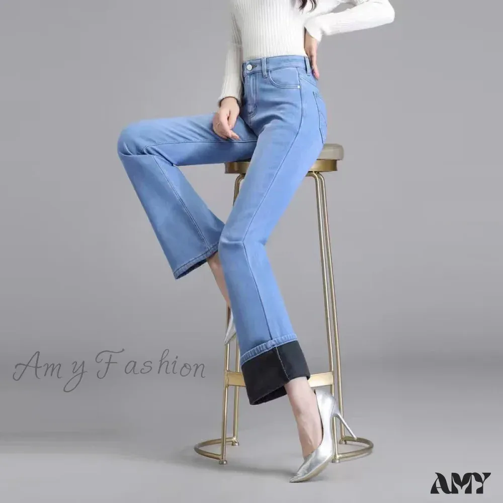 Amy Fashion - Elastic High Waist Woman Flare 2024 New Korean Fashion Clothing Pockets Slim Denim Solid Casual Flare Jean