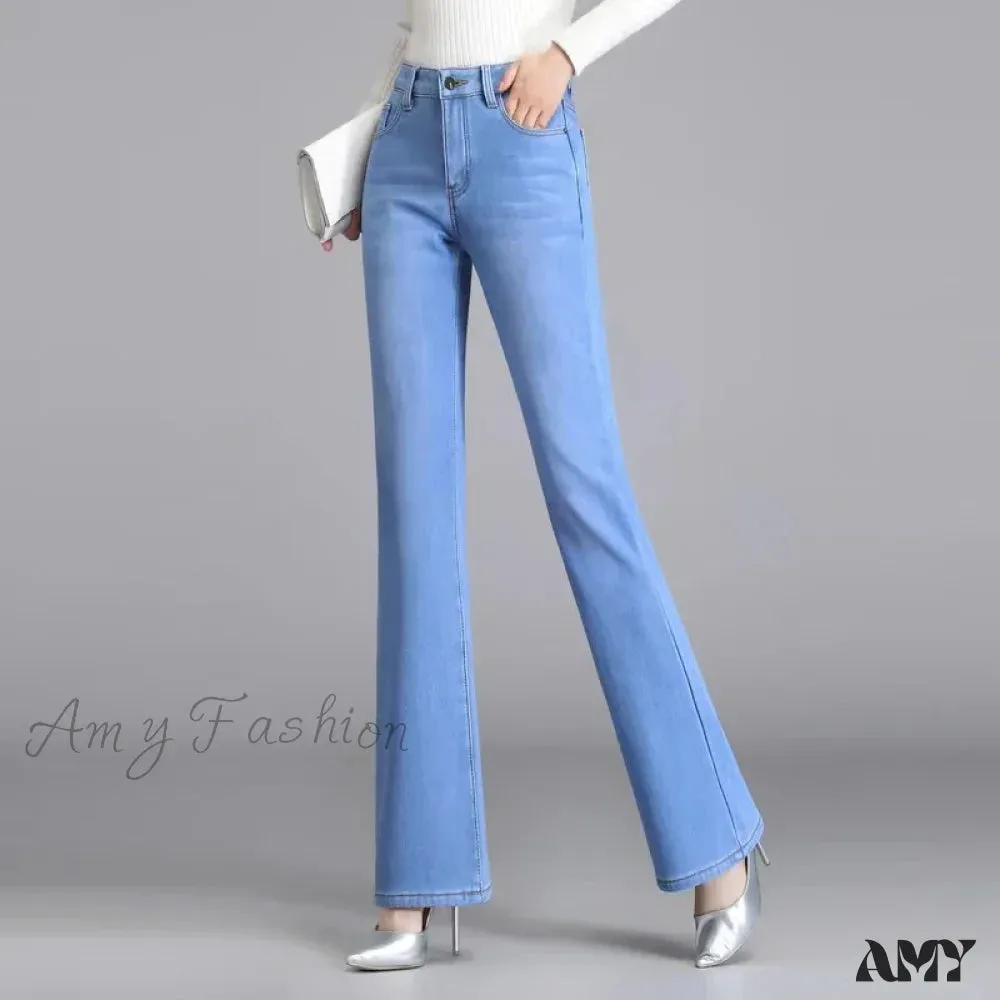 Amy Fashion - Elastic High Waist Woman Flare 2024 New Korean Fashion Clothing Pockets Slim Denim Solid Casual Flare Jean