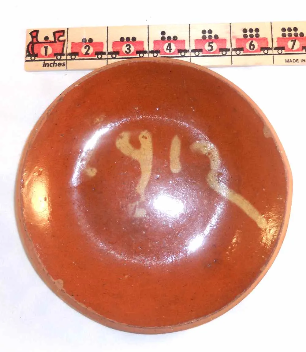 Antique 1912 Orangish-Brown Redware Glazed and Slip Decorated 6" Plate SE PA