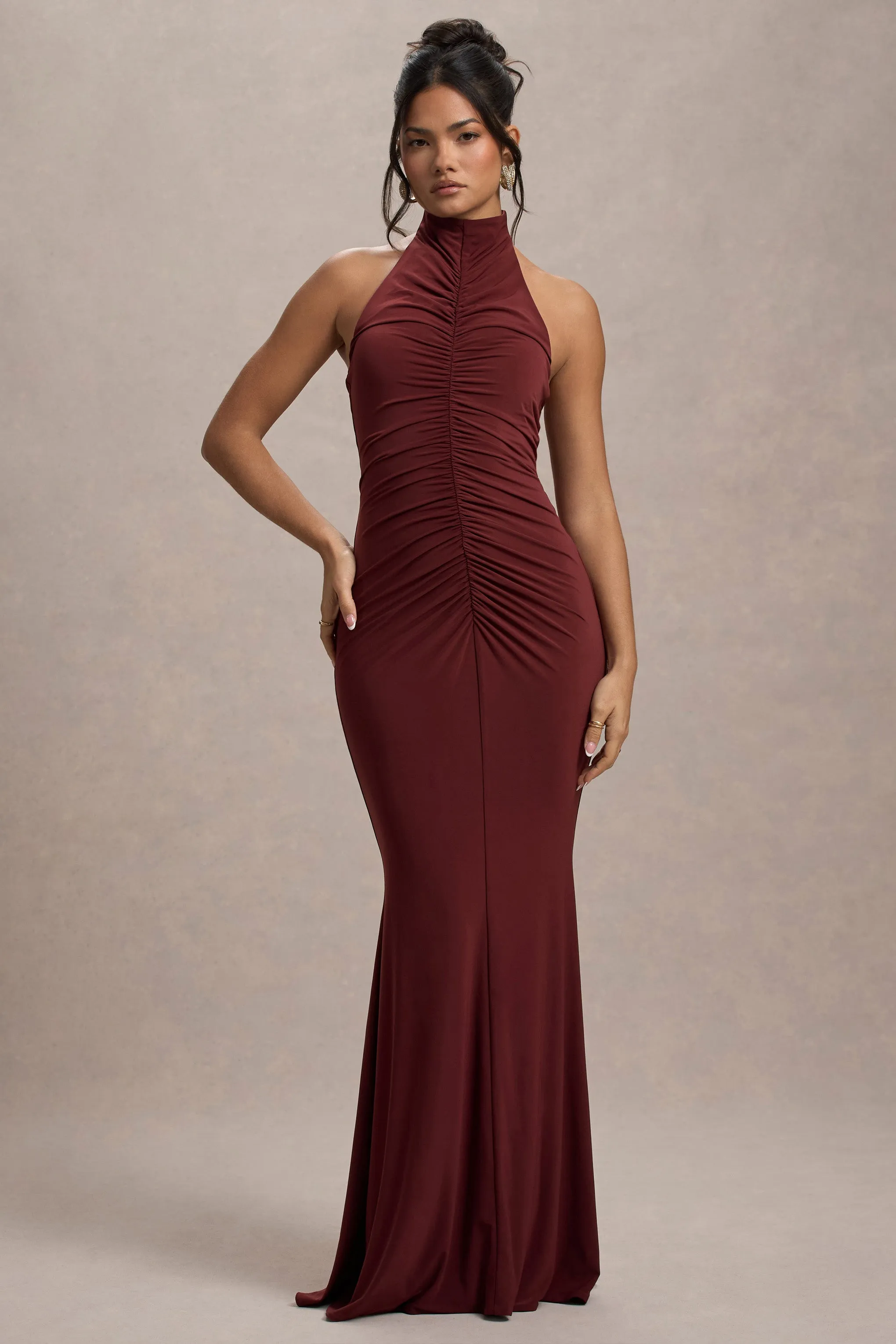 Arietta | Port High-Neck Ruched Fishtail Maxi Dress