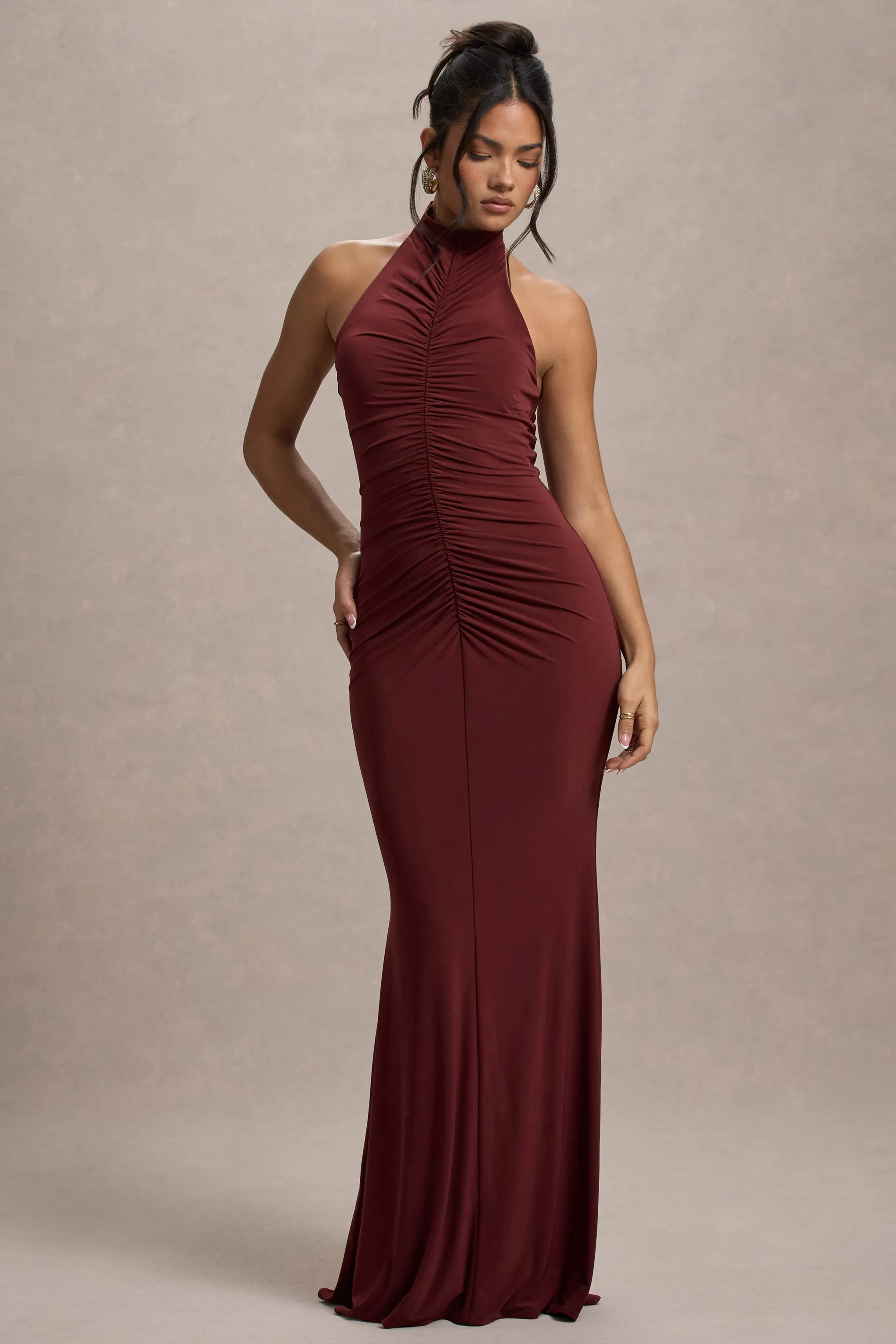 Arietta | Port High-Neck Ruched Fishtail Maxi Dress