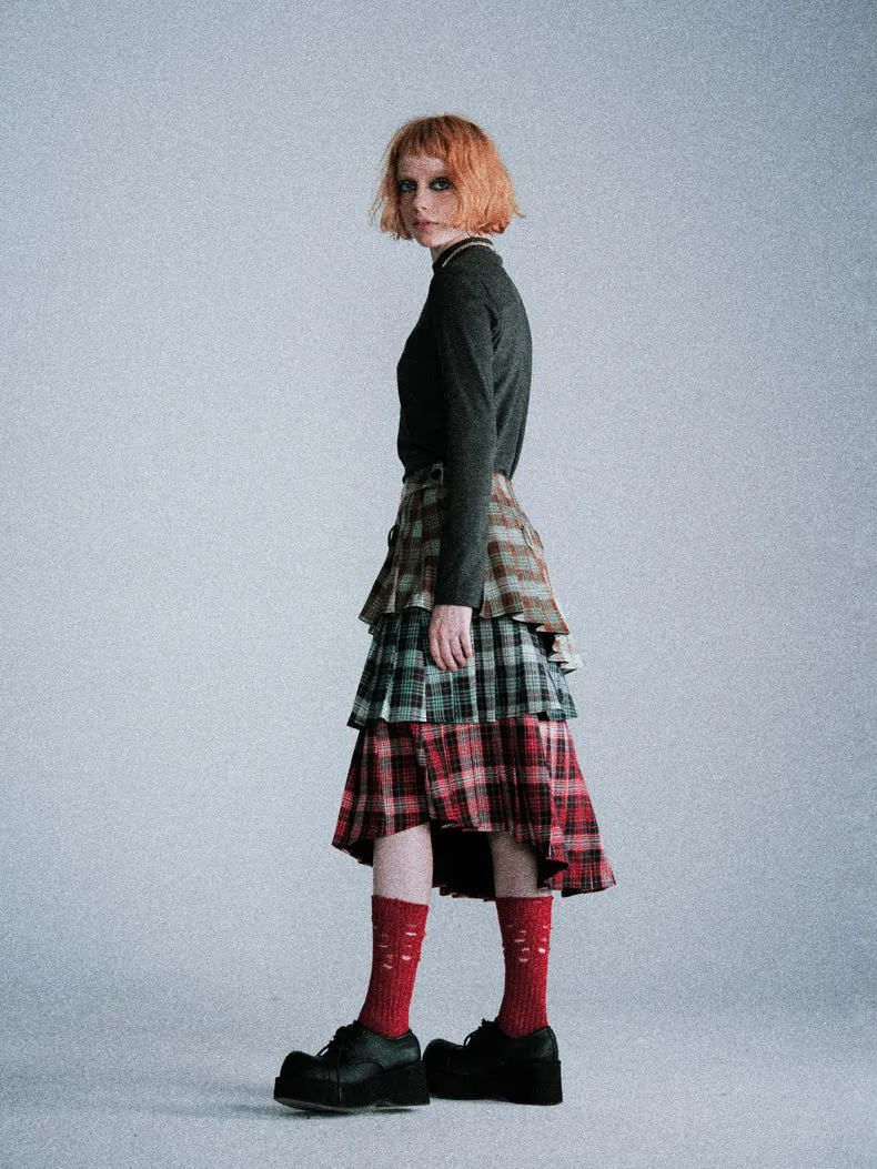 Asymmetrical pleated layered plaid skirt LAP0018