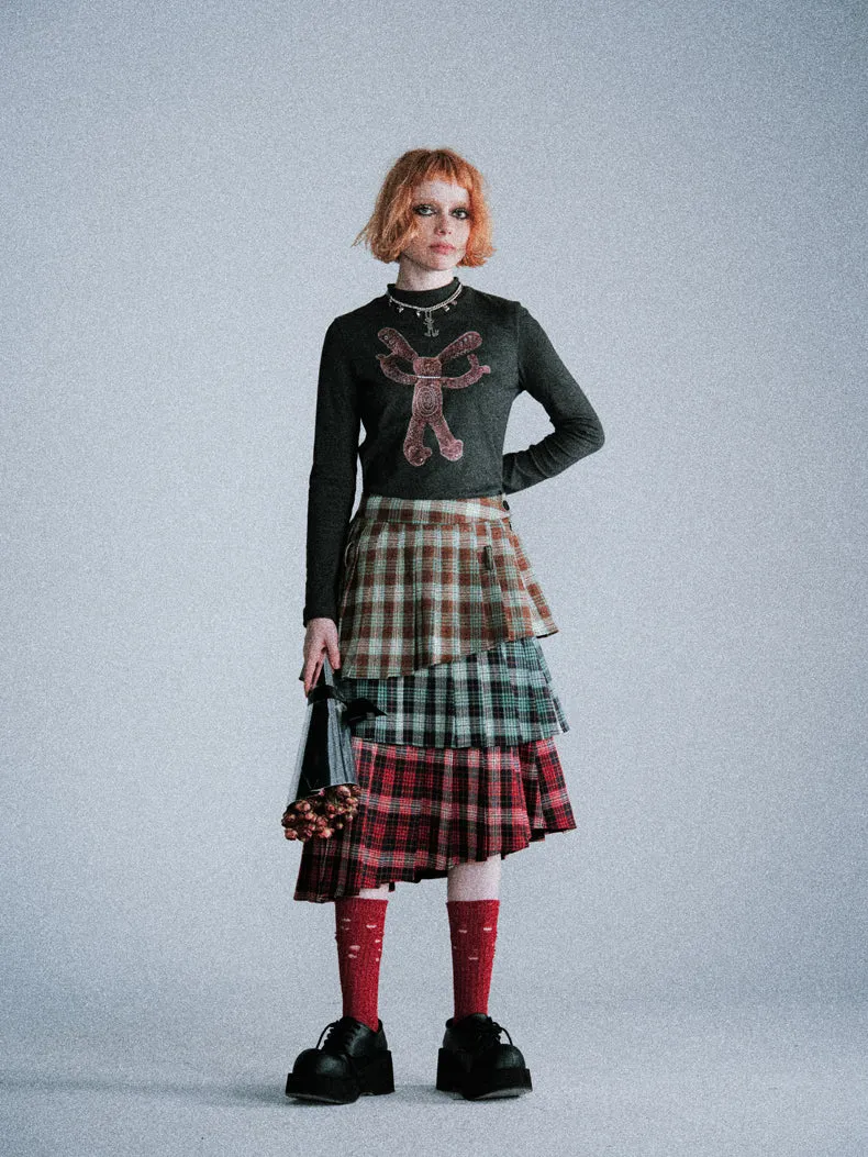 Asymmetrical pleated layered plaid skirt LAP0018