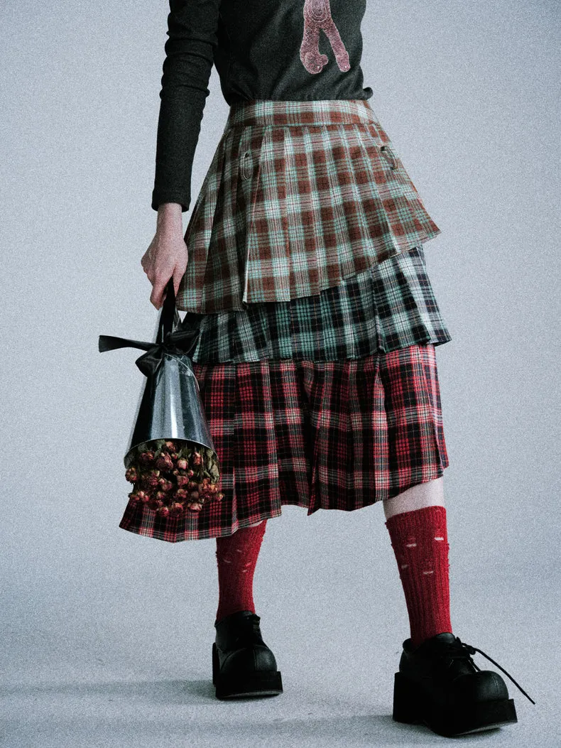 Asymmetrical pleated layered plaid skirt LAP0018