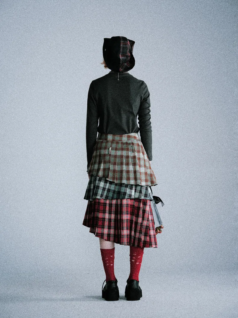 Asymmetrical pleated layered plaid skirt LAP0018