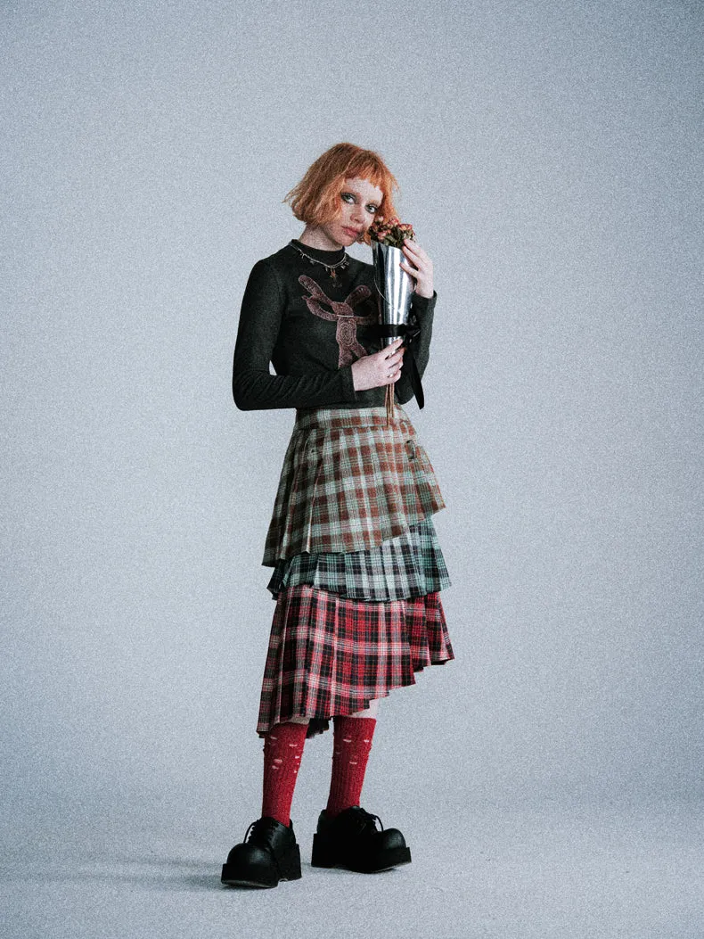 Asymmetrical pleated layered plaid skirt LAP0018