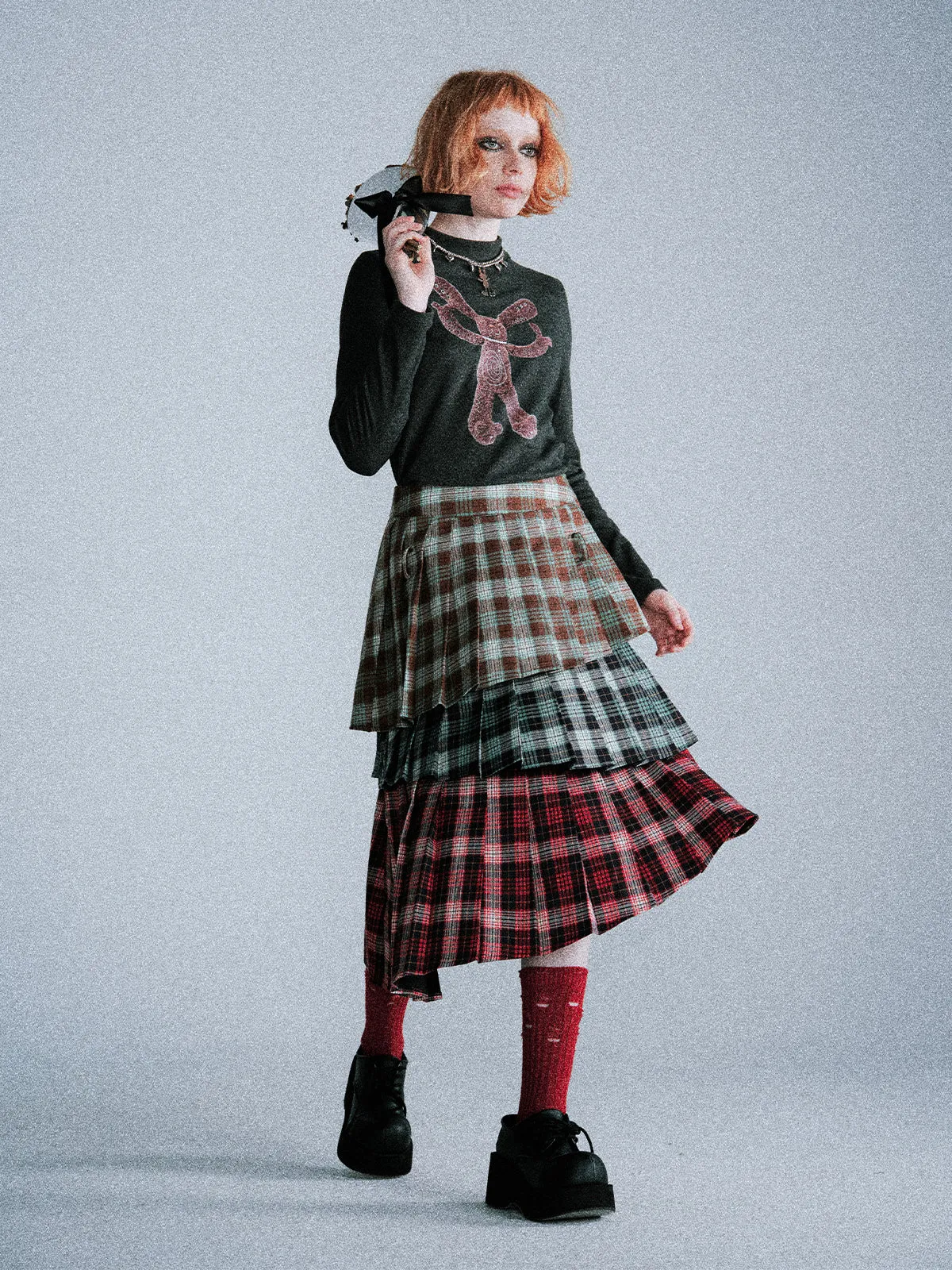 Asymmetrical pleated layered plaid skirt LAP0018