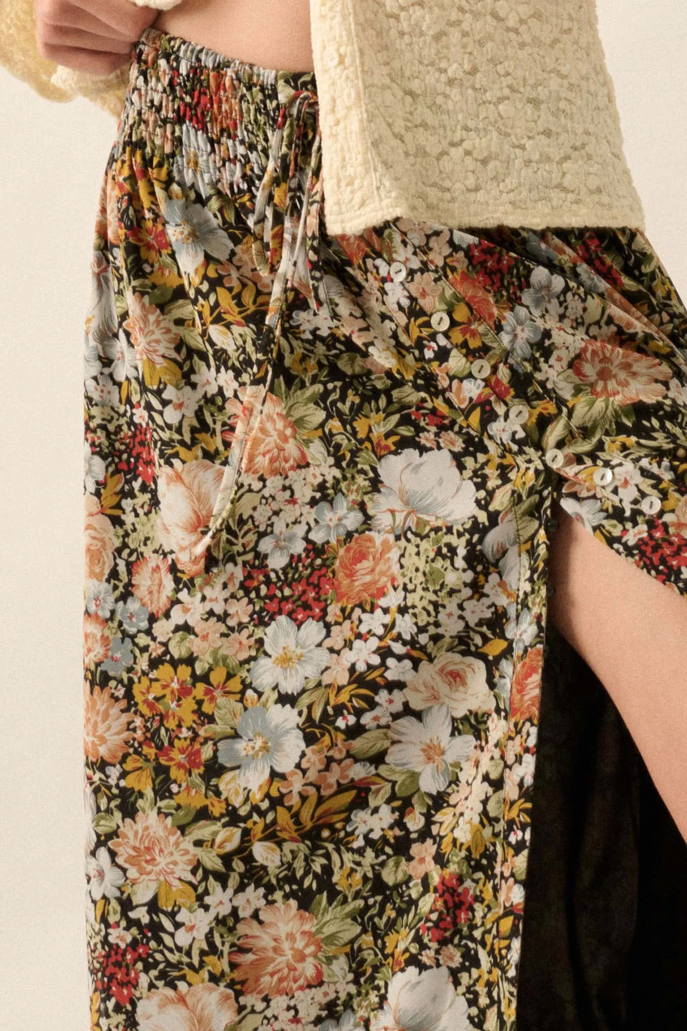 Autumn Bouquet Floral Chiffon Button-Front Maxi Skirt