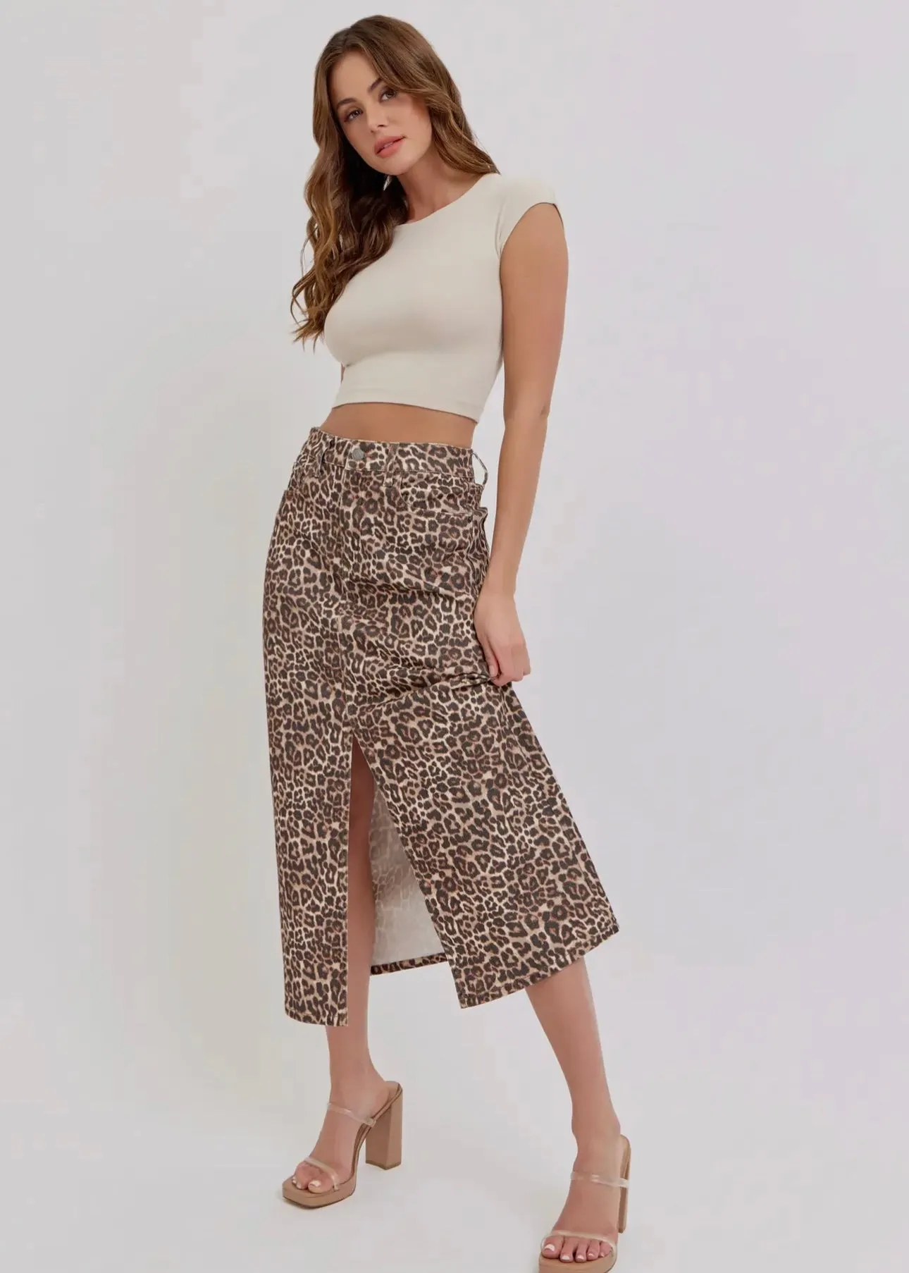 Baby Love Leopard Denim Midi Skirt