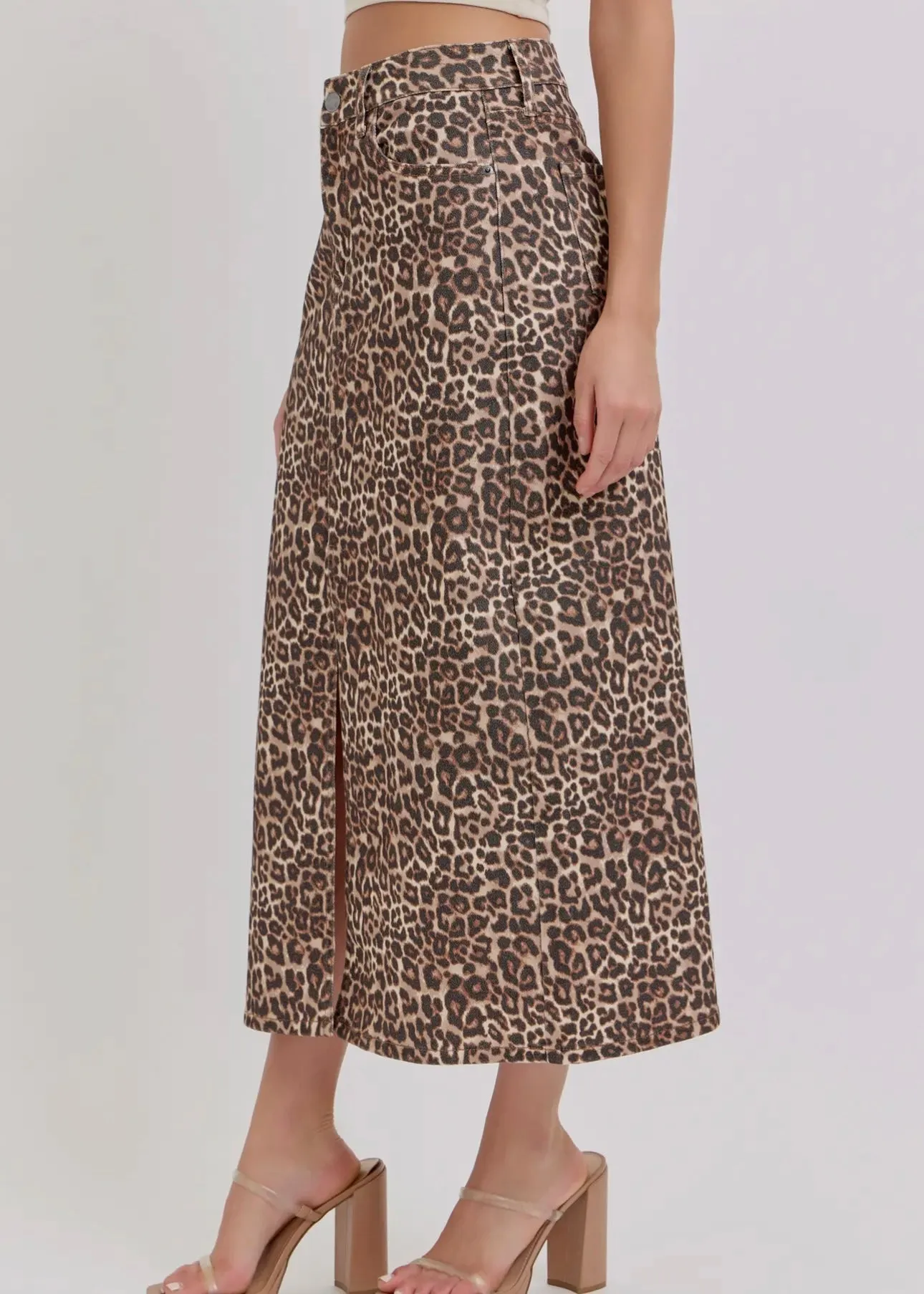 Baby Love Leopard Denim Midi Skirt