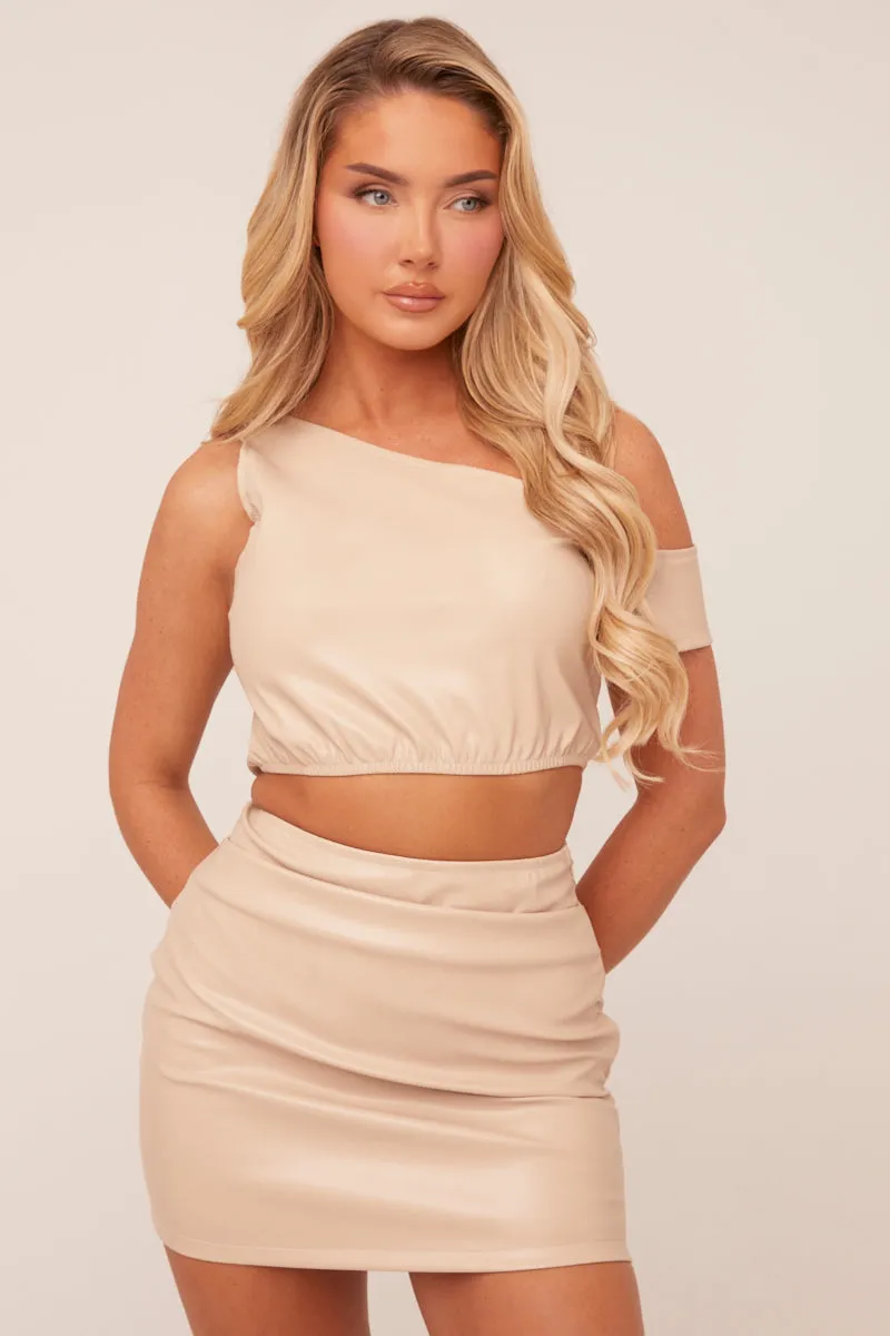 Beige Faux Leather One shoulder Cropped Top & Mini Skirt Co-ord Set - Carissa