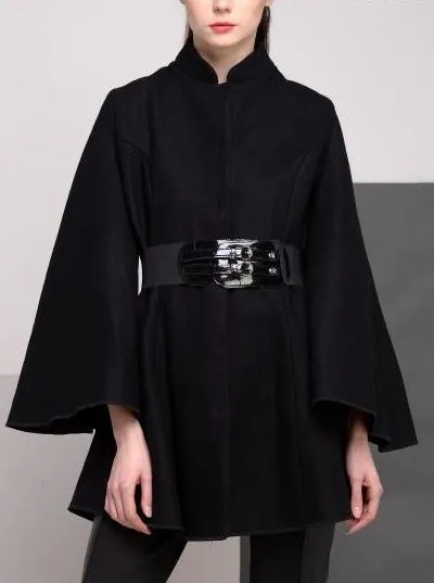 Belted Black Flared-Sleeve Cape Coat