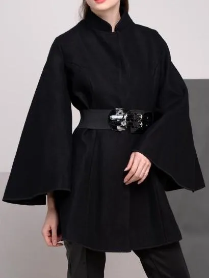 Belted Black Flared-Sleeve Cape Coat