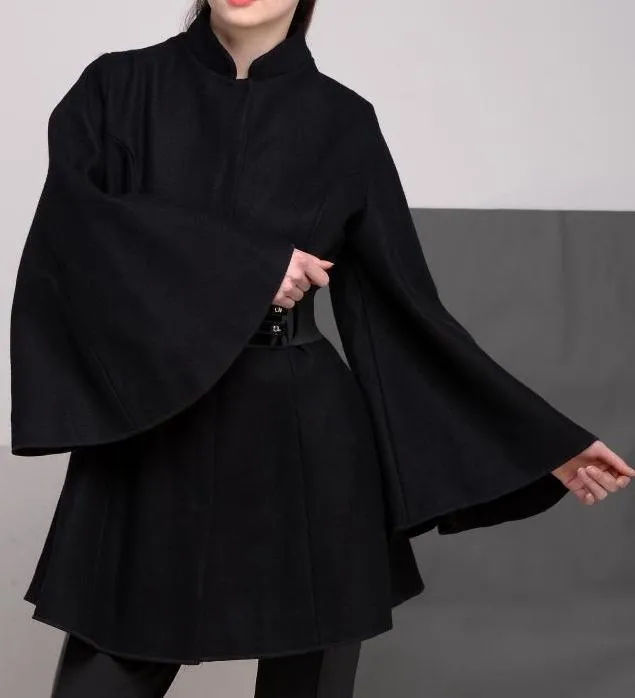 Belted Black Flared-Sleeve Cape Coat