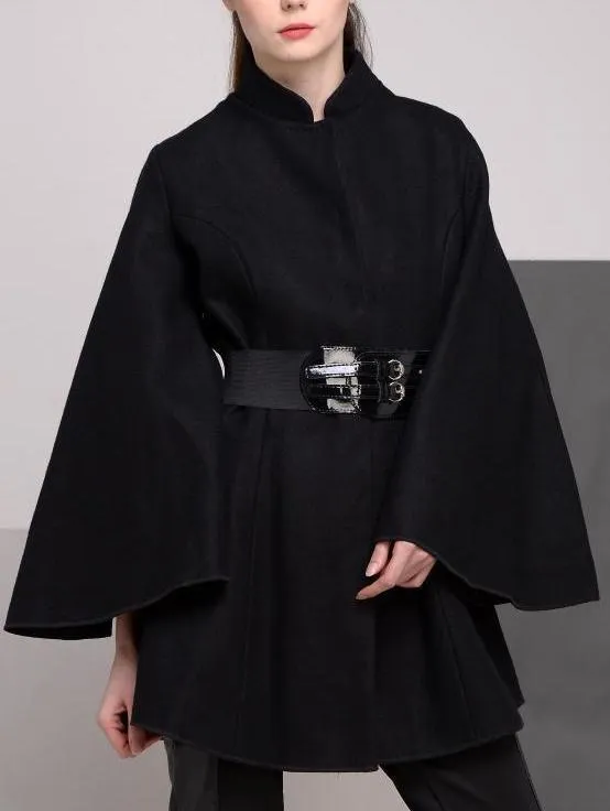 Belted Black Flared-Sleeve Cape Coat