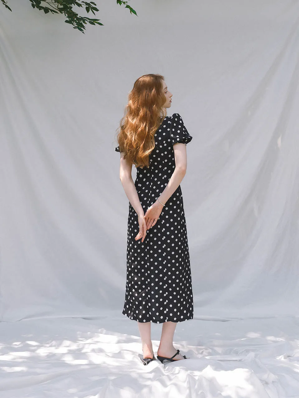 Black dots slit long dress