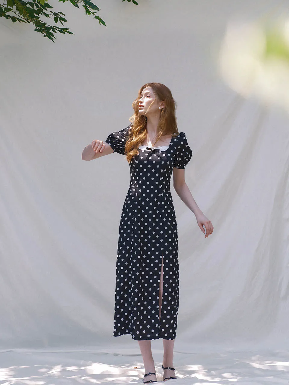 Black dots slit long dress