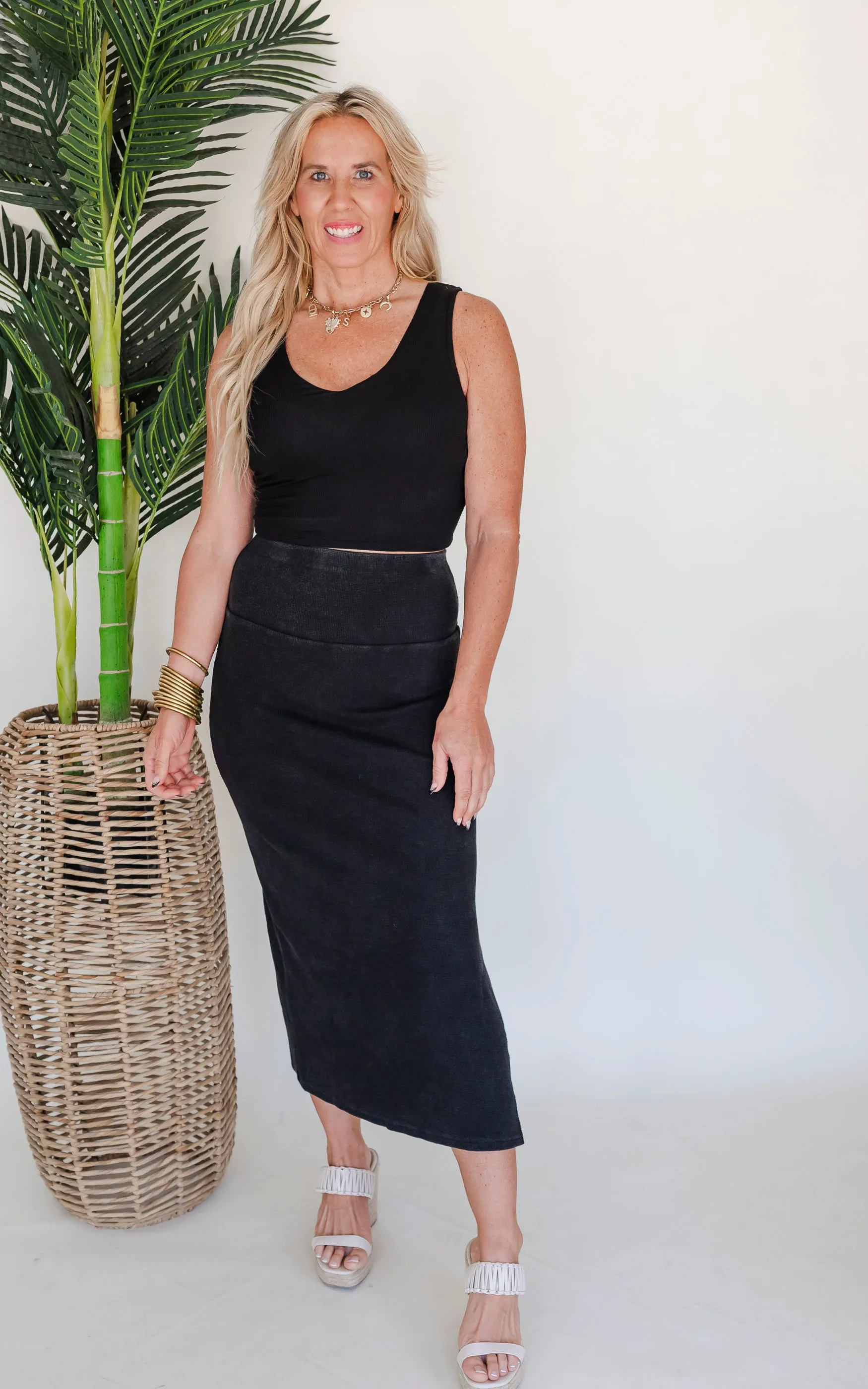 Black MIneral Wash Thermal Midi Skirt - Final Sale