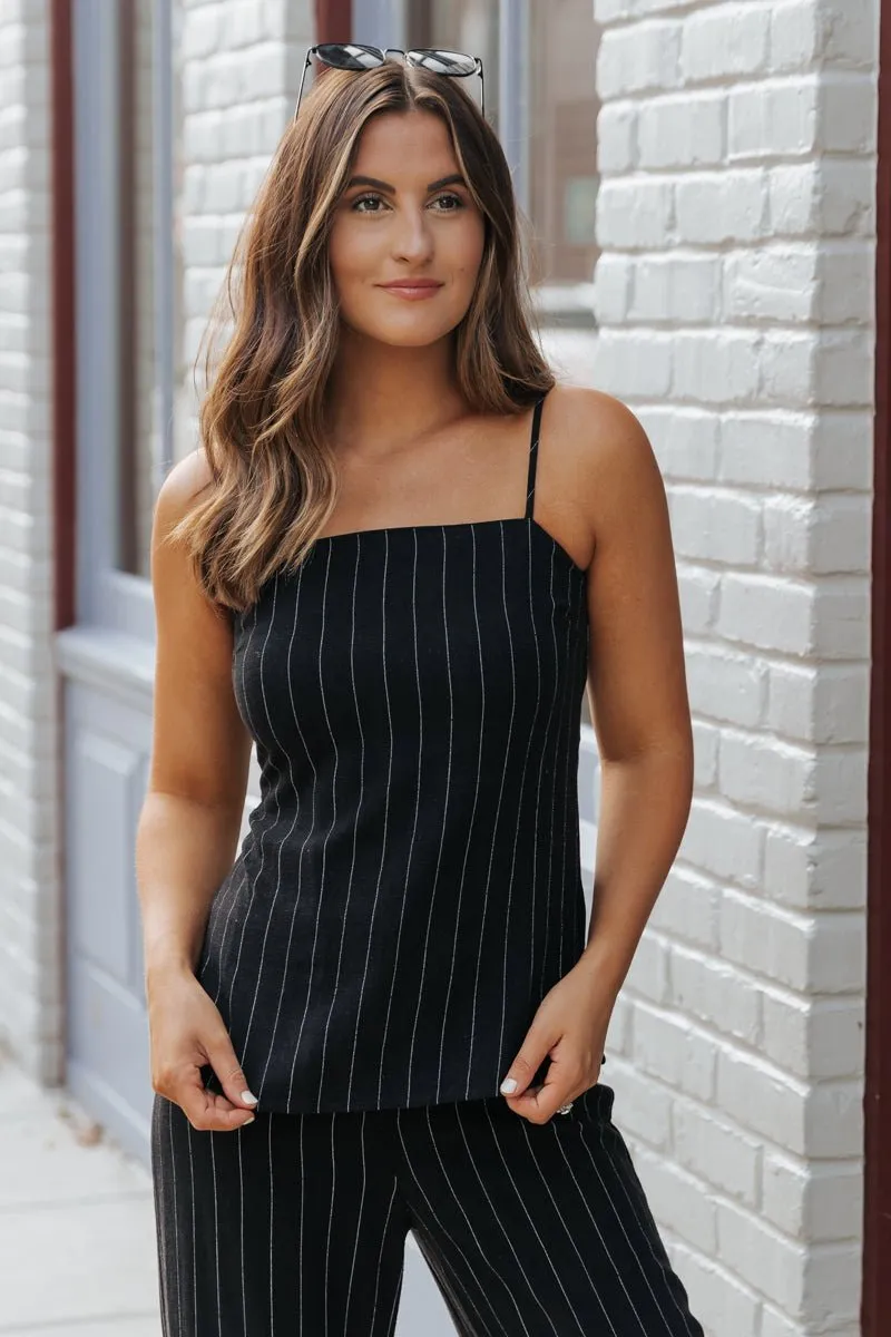 Black Pinstripe Linen Tank Top - FINAL SALE